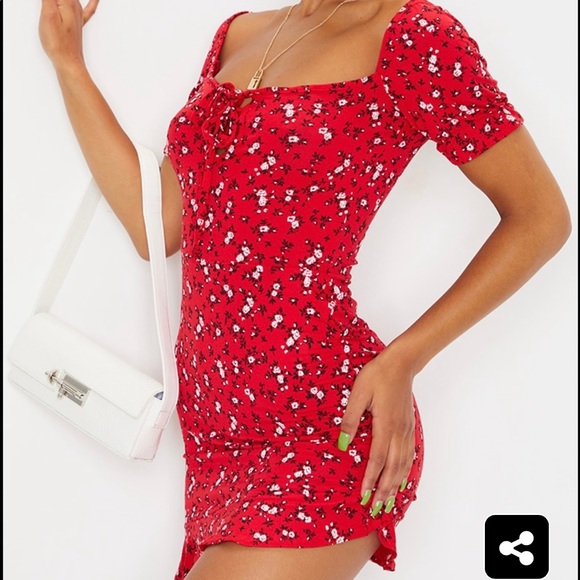 PLT pretty little thing red floral summer mini Bardot dress - Picture 2 of 2